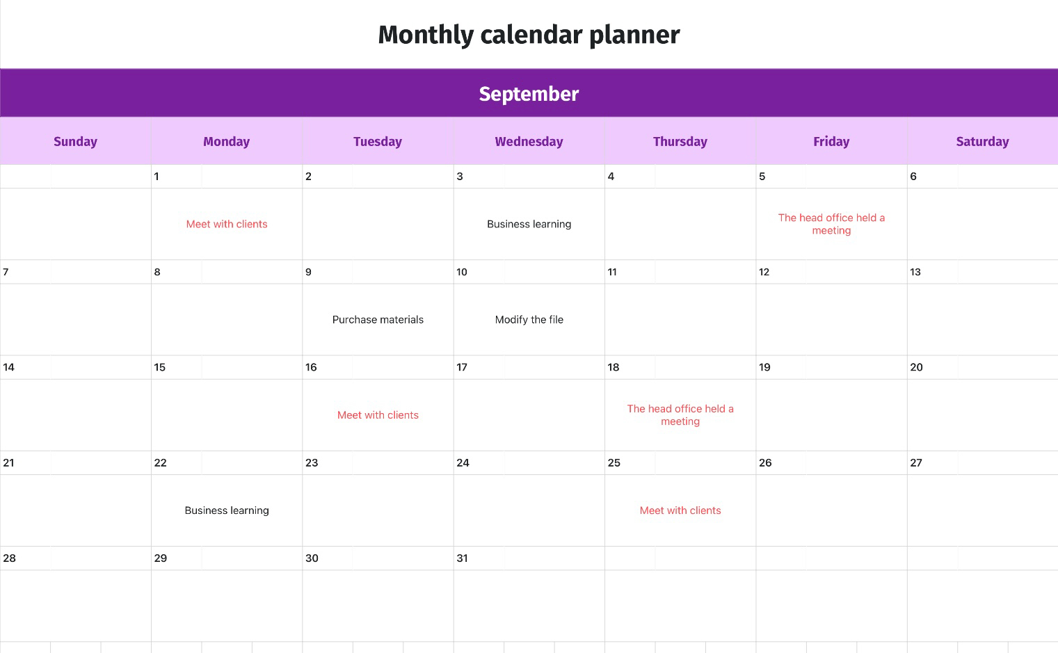Monthly calendar planner